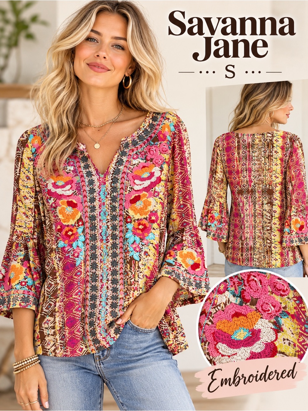 Savanna Jane Embroidered Boho Print Bell Sleeve Top Size Small